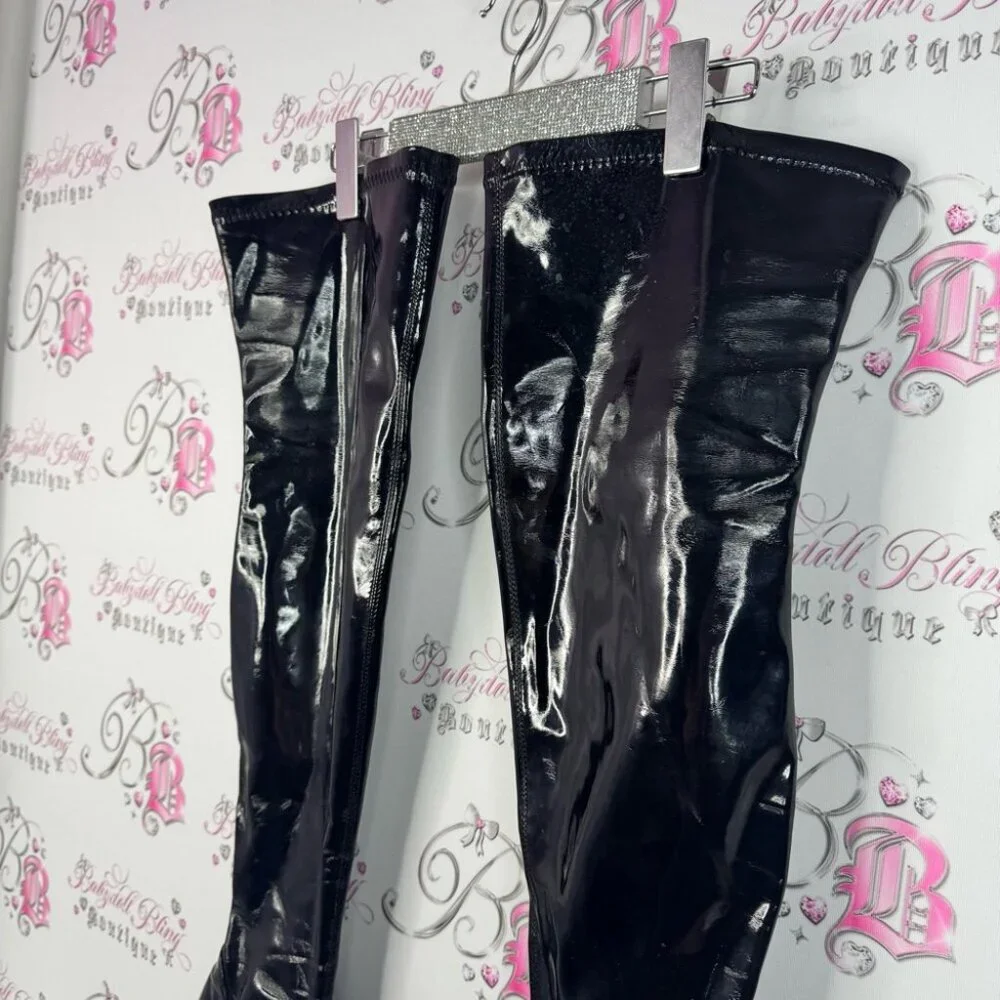 Thigh high heel boots shiny exotic dance Black Patent Leather Thigh-High Boots